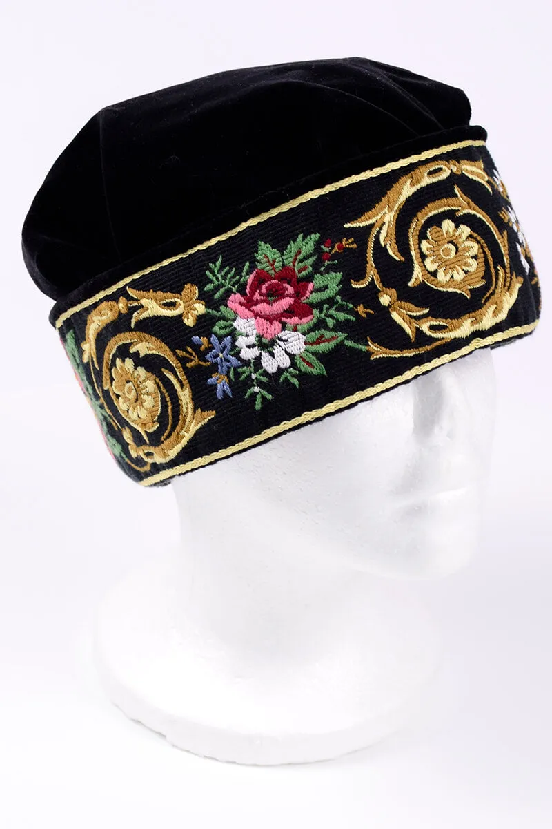 1980s Laura Ashley Black Velvet Brimless Cap w/ Thick Embroidered Band