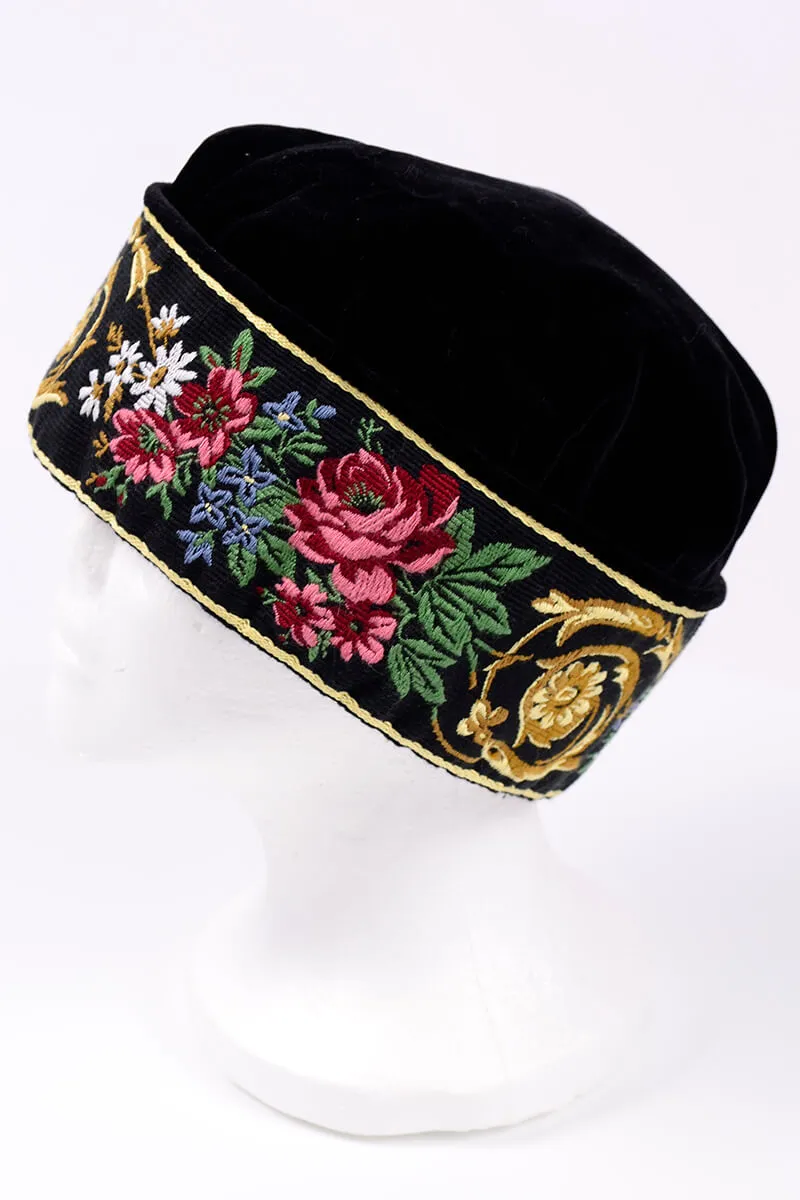 1980s Laura Ashley Black Velvet Brimless Cap w/ Thick Embroidered Band