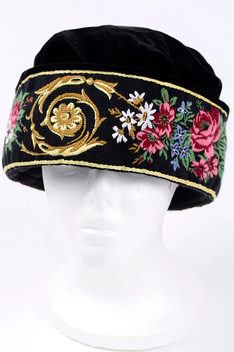 1980s Laura Ashley Black Velvet Brimless Cap w/ Thick Embroidered Band