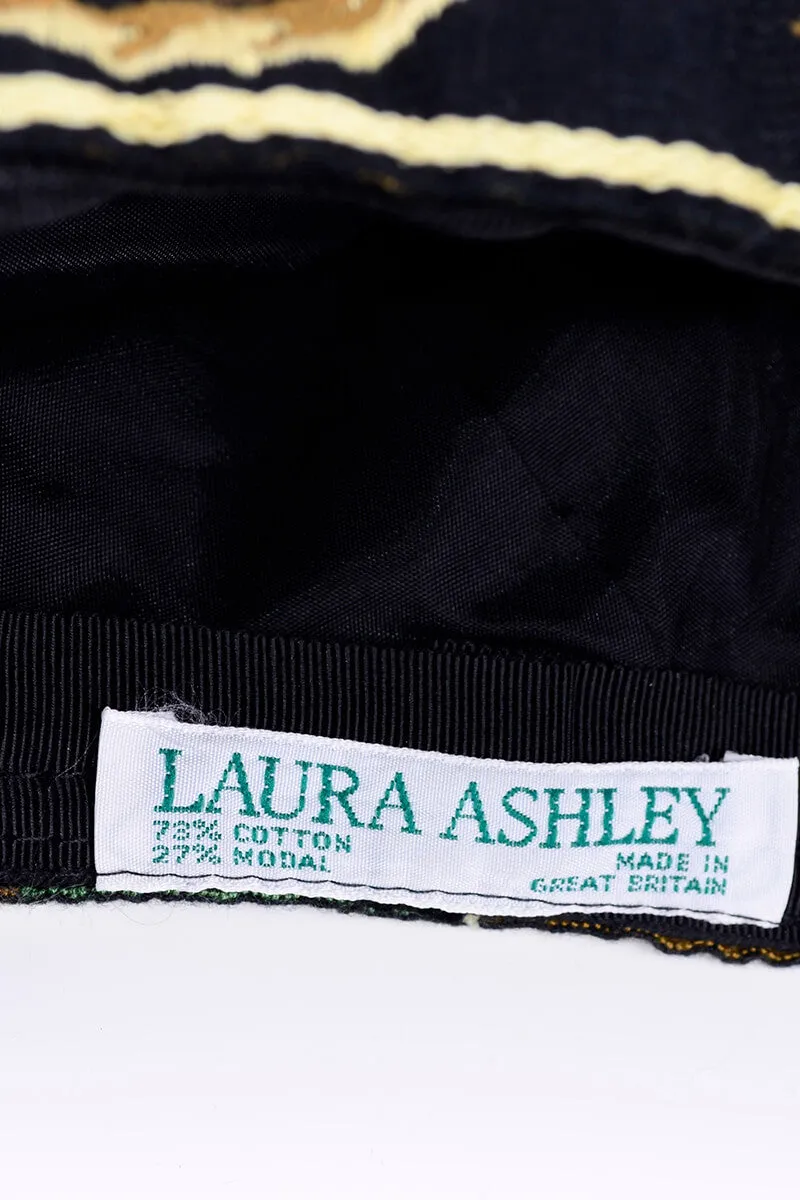 1980s Laura Ashley Black Velvet Brimless Cap w/ Thick Embroidered Band