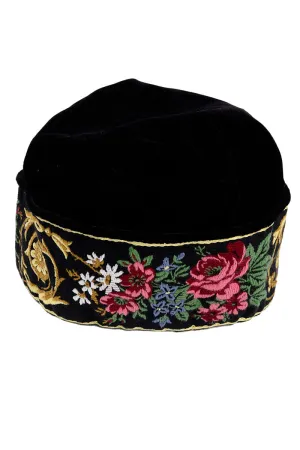 1980s Laura Ashley Black Velvet Brimless Cap w/ Thick Embroidered Band