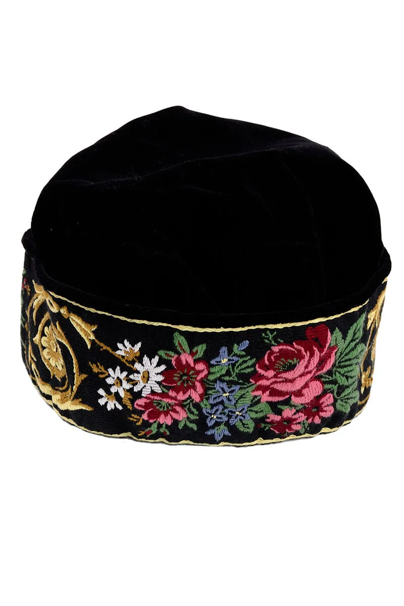 1980s Laura Ashley Black Velvet Brimless Cap w/ Thick Embroidered Band