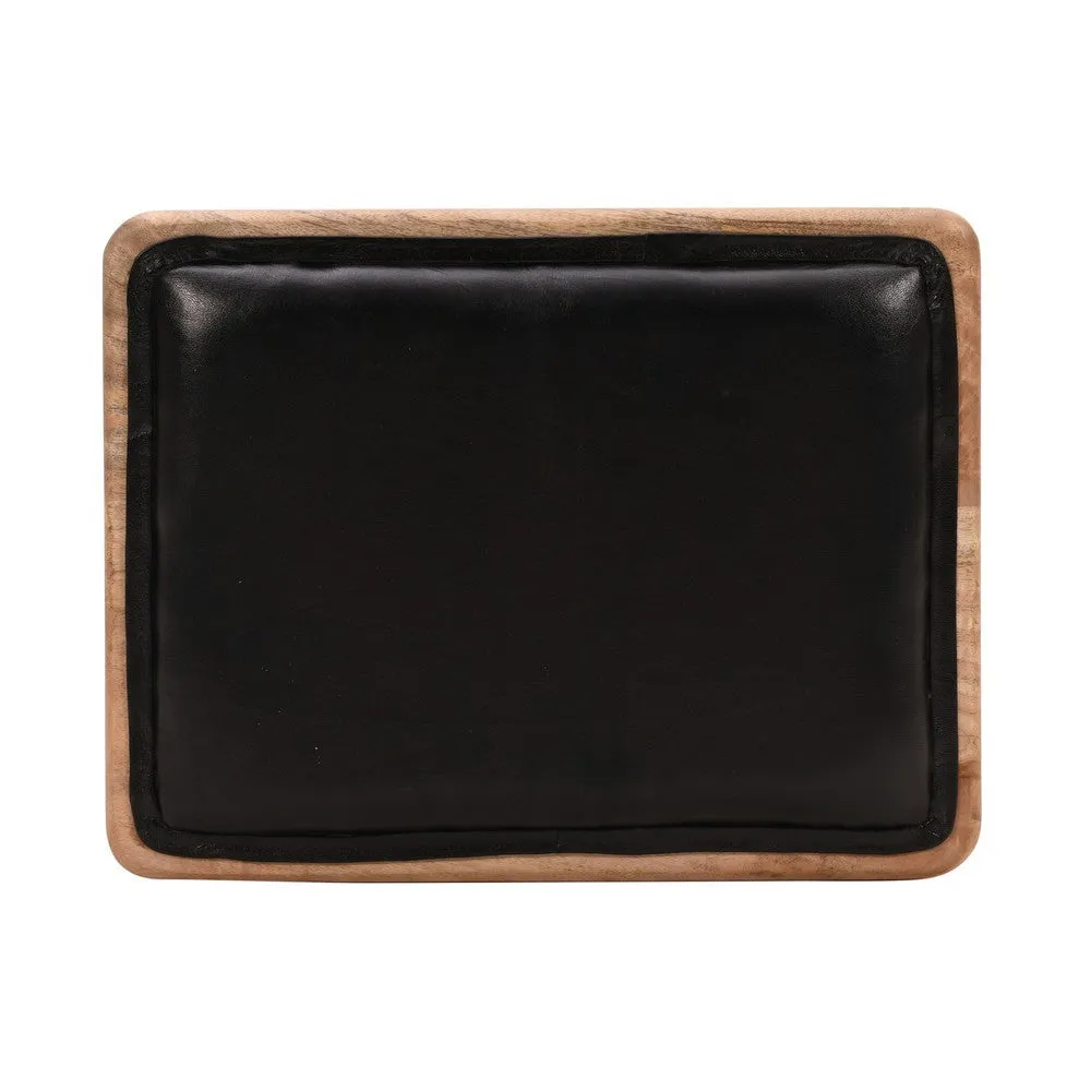 25 Inch Counter Height Bar Stool, Genuine Leather Seat, Mango Wood Frame, Black, Brown By The Urban Port