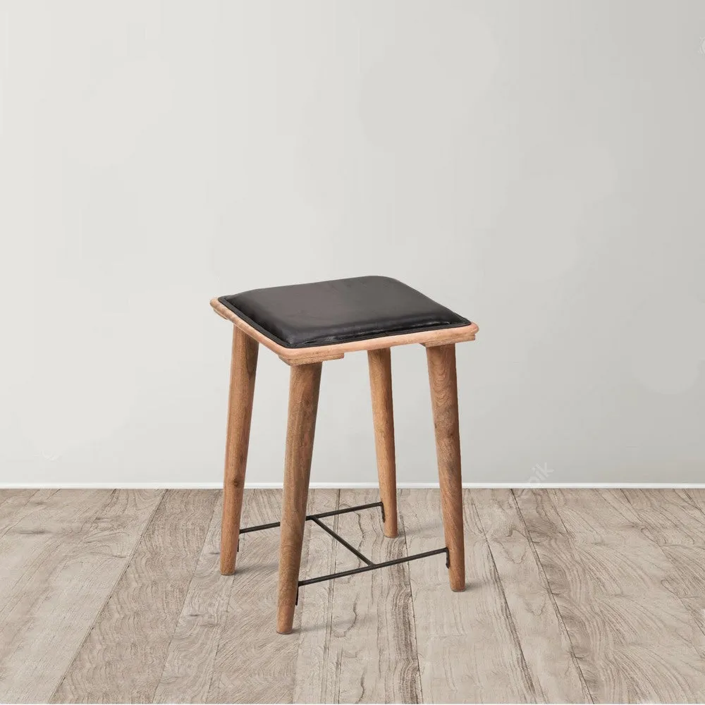 25 Inch Counter Height Bar Stool, Genuine Leather Seat, Mango Wood Frame, Black, Brown By The Urban Port