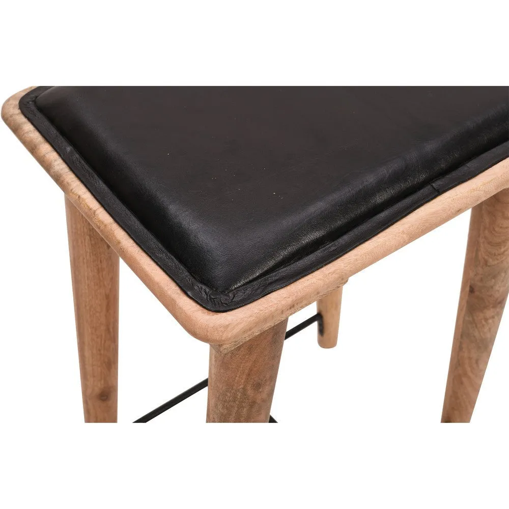 25 Inch Counter Height Bar Stool, Genuine Leather Seat, Mango Wood Frame, Black, Brown By The Urban Port