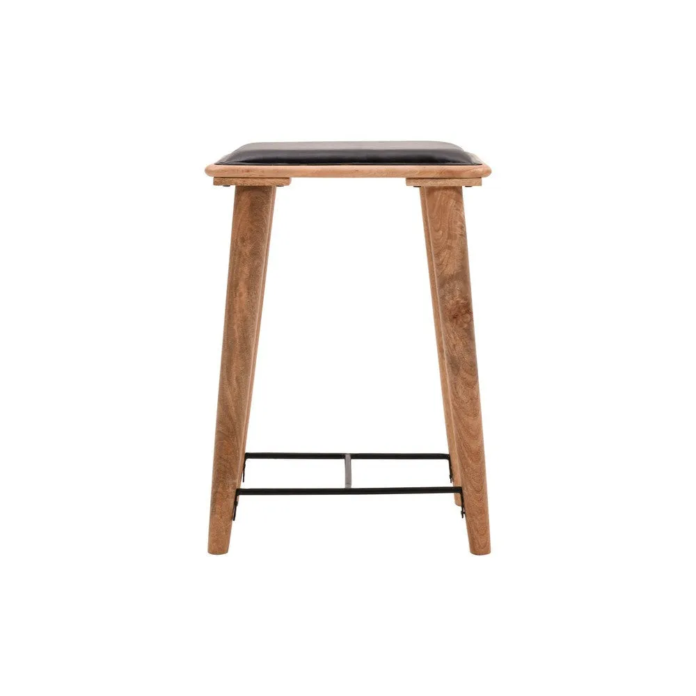 25 Inch Counter Height Bar Stool, Genuine Leather Seat, Mango Wood Frame, Black, Brown By The Urban Port