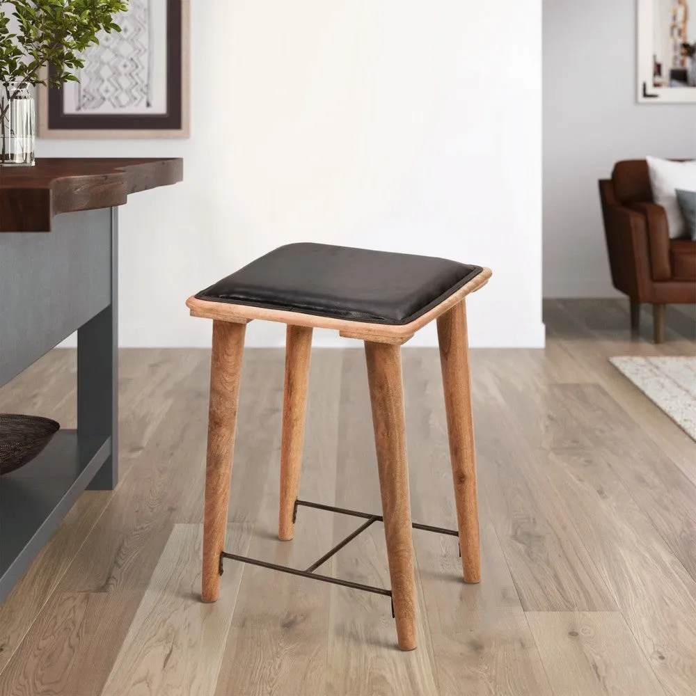 25 Inch Counter Height Bar Stool, Genuine Leather Seat, Mango Wood Frame, Black, Brown By The Urban Port