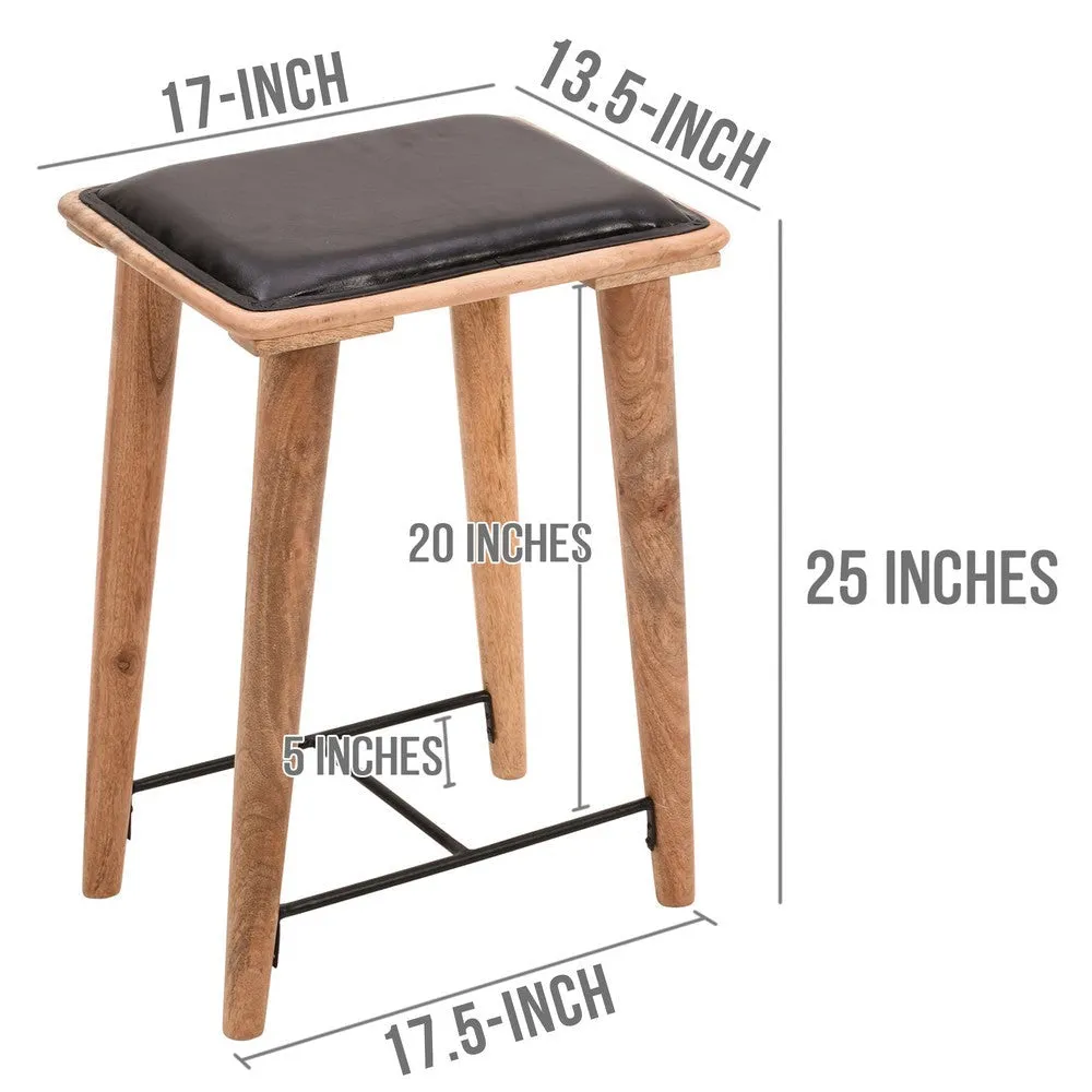 25 Inch Counter Height Bar Stool, Genuine Leather Seat, Mango Wood Frame, Black, Brown By The Urban Port