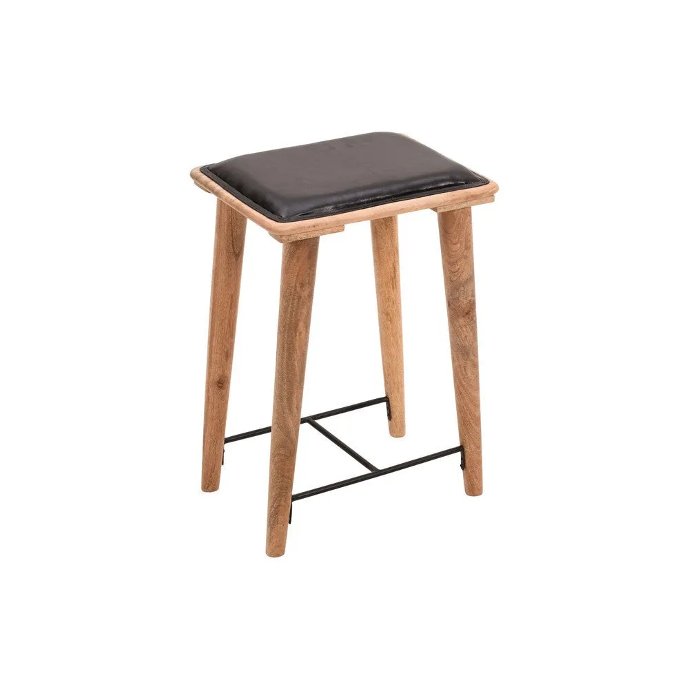 25 Inch Counter Height Bar Stool, Genuine Leather Seat, Mango Wood Frame, Black, Brown By The Urban Port