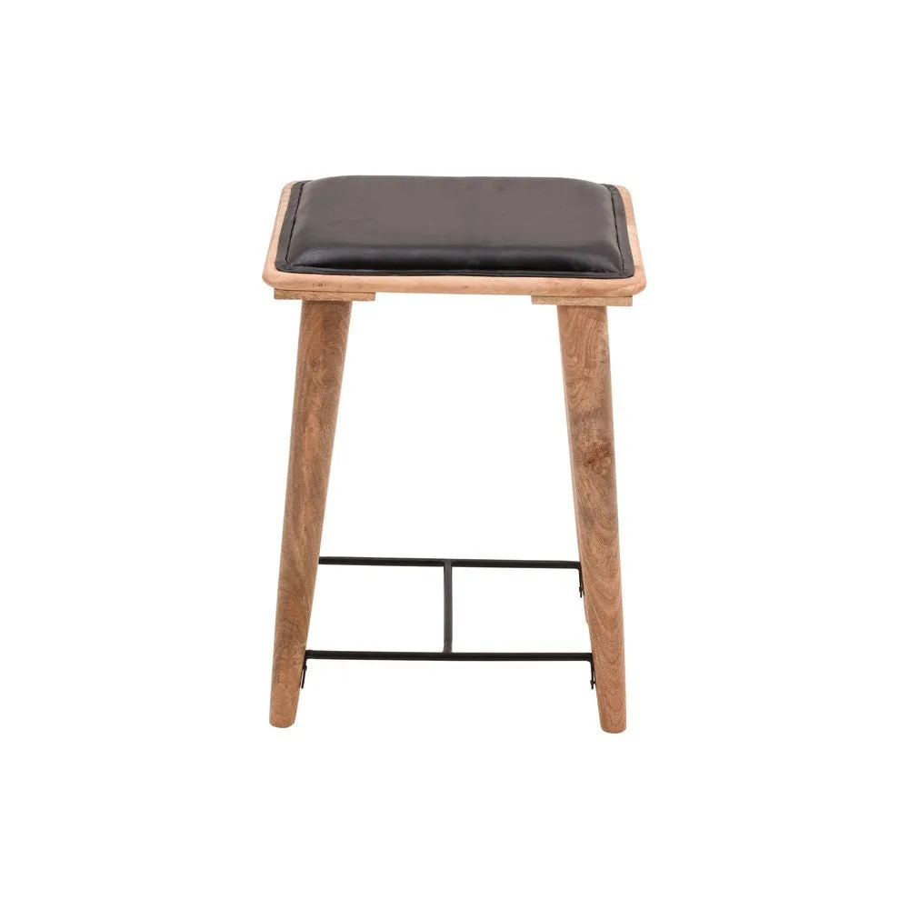 25 Inch Counter Height Bar Stool, Genuine Leather Seat, Mango Wood Frame, Black, Brown By The Urban Port