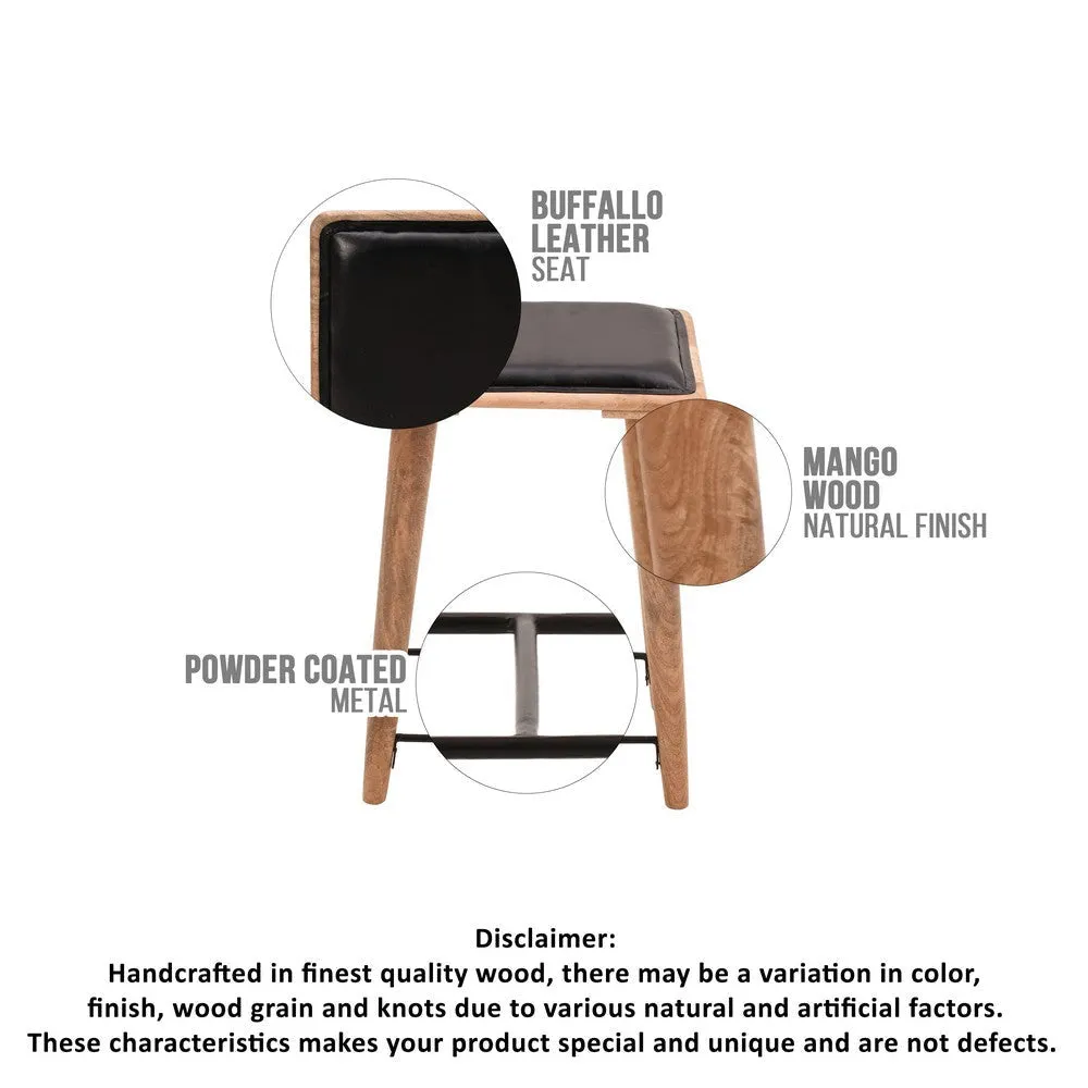25 Inch Counter Height Bar Stool, Genuine Leather Seat, Mango Wood Frame, Black, Brown By The Urban Port
