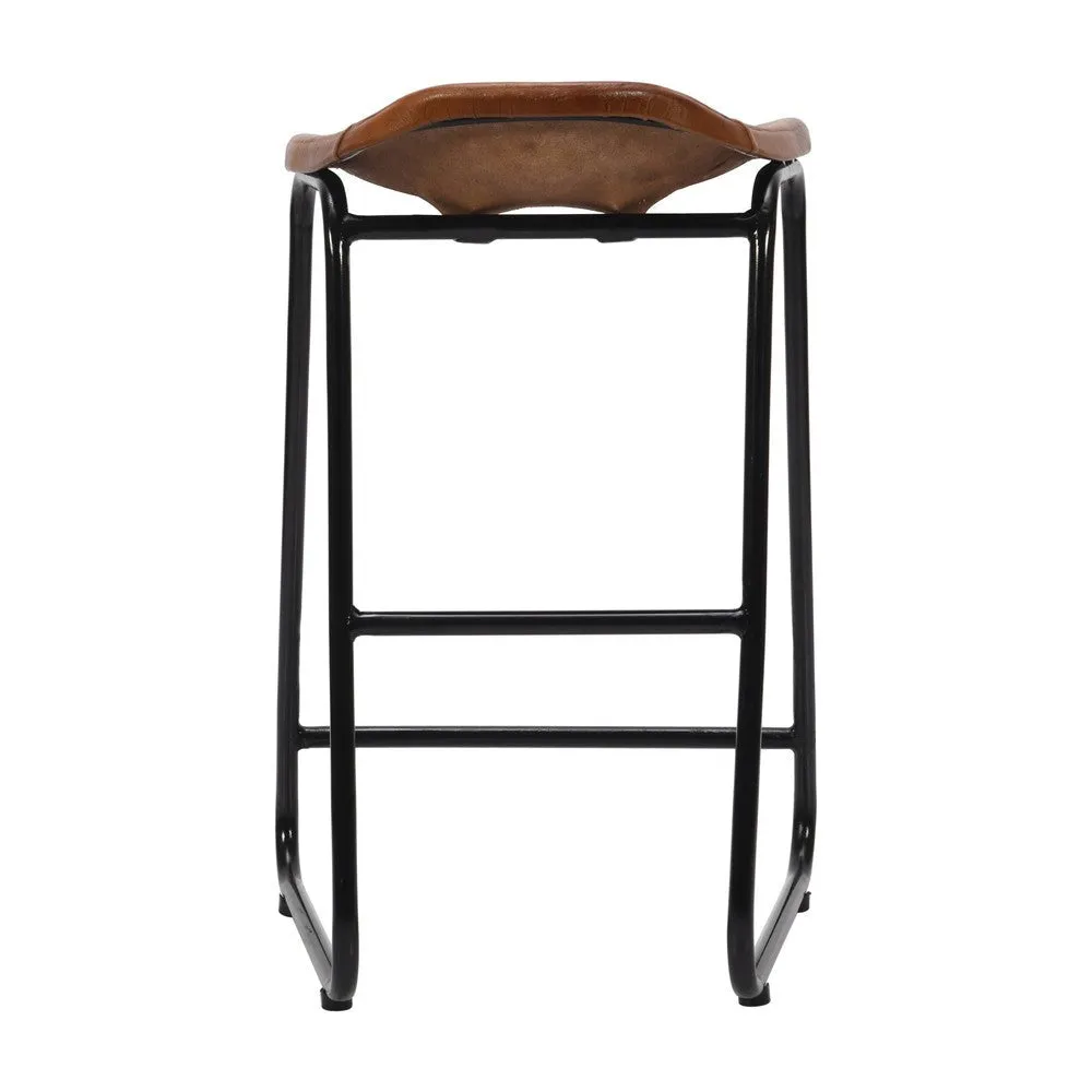 26 Inch Counter Height Bar Stool, Genuine Leather Bucket Seat, Metal, Brown, Black By The Urban Port