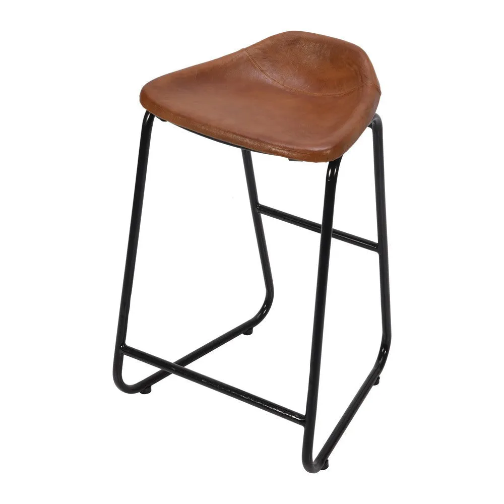 26 Inch Counter Height Bar Stool, Genuine Leather Bucket Seat, Metal, Brown, Black By The Urban Port