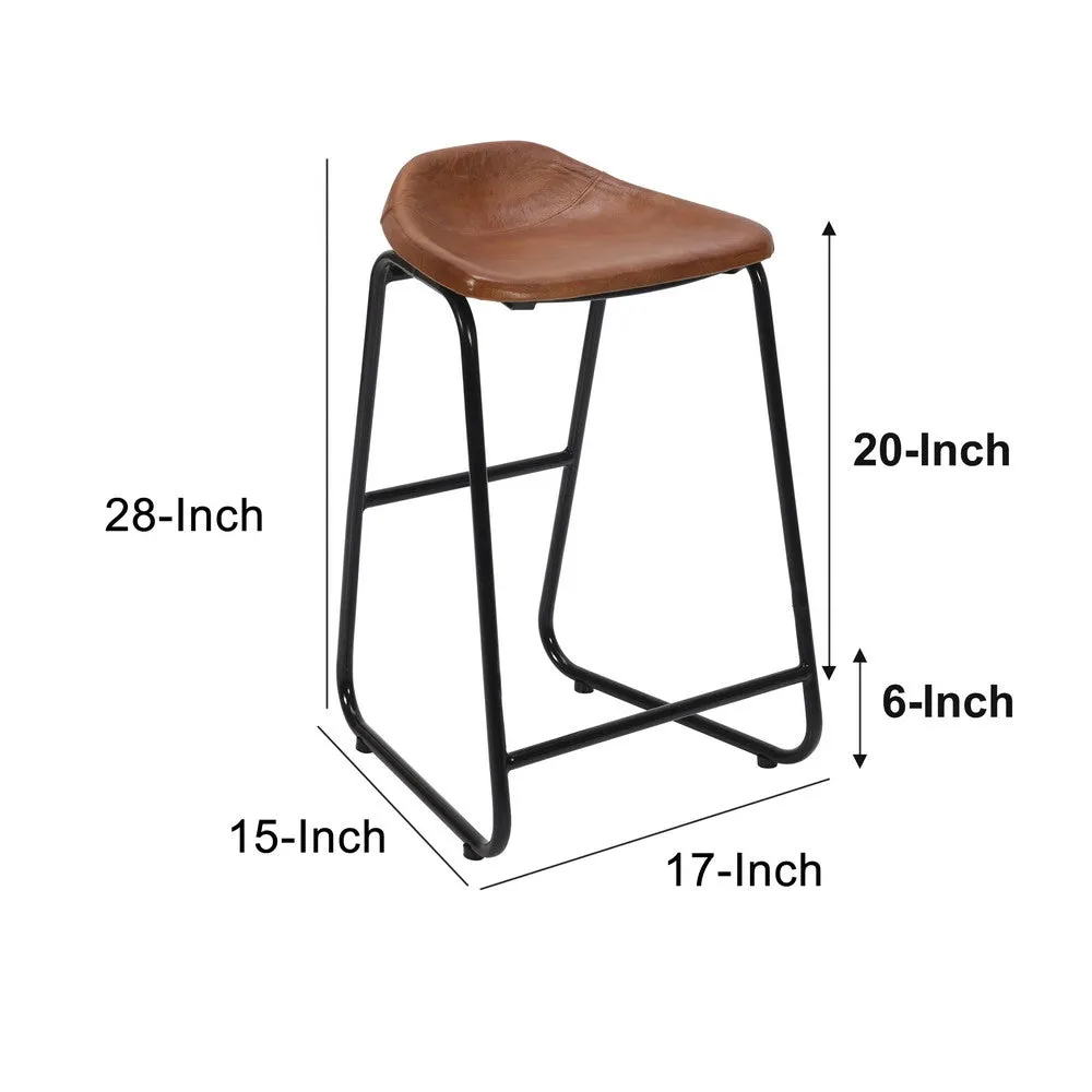 26 Inch Counter Height Bar Stool, Genuine Leather Bucket Seat, Metal, Brown, Black By The Urban Port