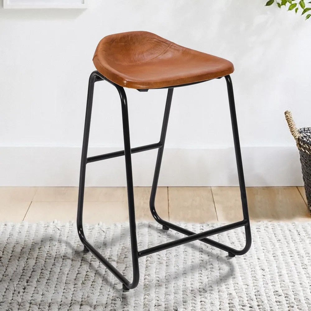 26 Inch Counter Height Bar Stool, Genuine Leather Bucket Seat, Metal, Brown, Black By The Urban Port