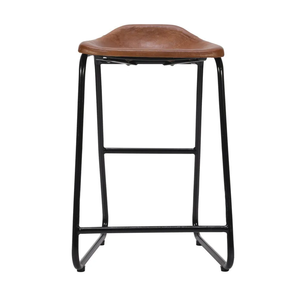 26 Inch Counter Height Bar Stool, Genuine Leather Bucket Seat, Metal, Brown, Black By The Urban Port