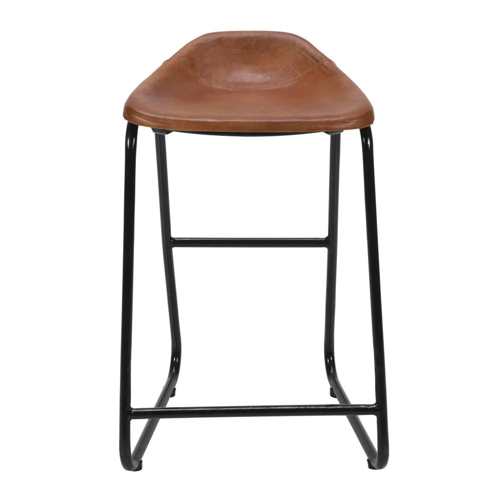 26 Inch Counter Height Bar Stool, Genuine Leather Bucket Seat, Metal, Brown, Black By The Urban Port