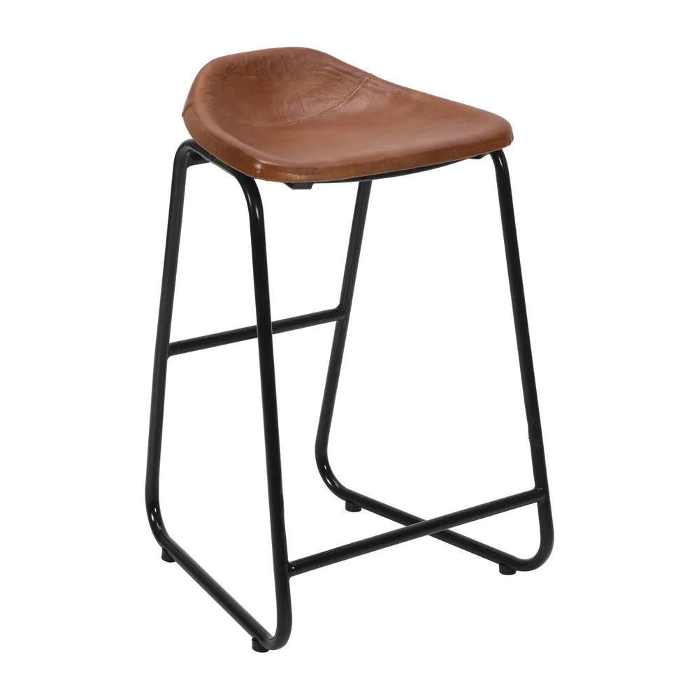 26 Inch Counter Height Bar Stool, Genuine Leather Bucket Seat, Metal, Brown, Black By The Urban Port