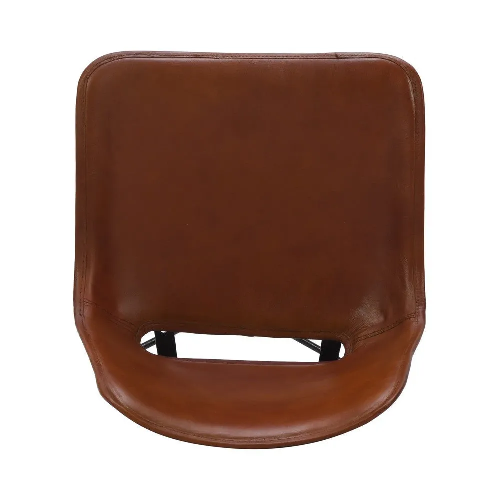 29 Inch Bar Height Chair, Curved Seat, Genuine Leather, Metal Frame, Tan Brown, Black By The Urban Port