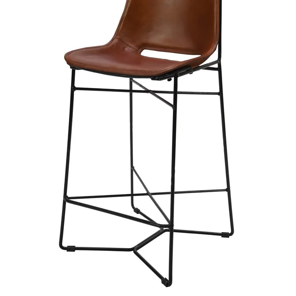29 Inch Bar Height Chair, Curved Seat, Genuine Leather, Metal Frame, Tan Brown, Black By The Urban Port