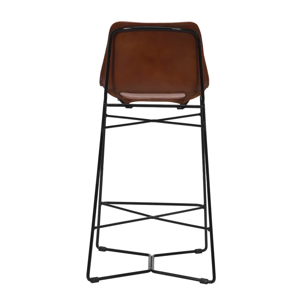 29 Inch Bar Height Chair, Curved Seat, Genuine Leather, Metal Frame, Tan Brown, Black By The Urban Port