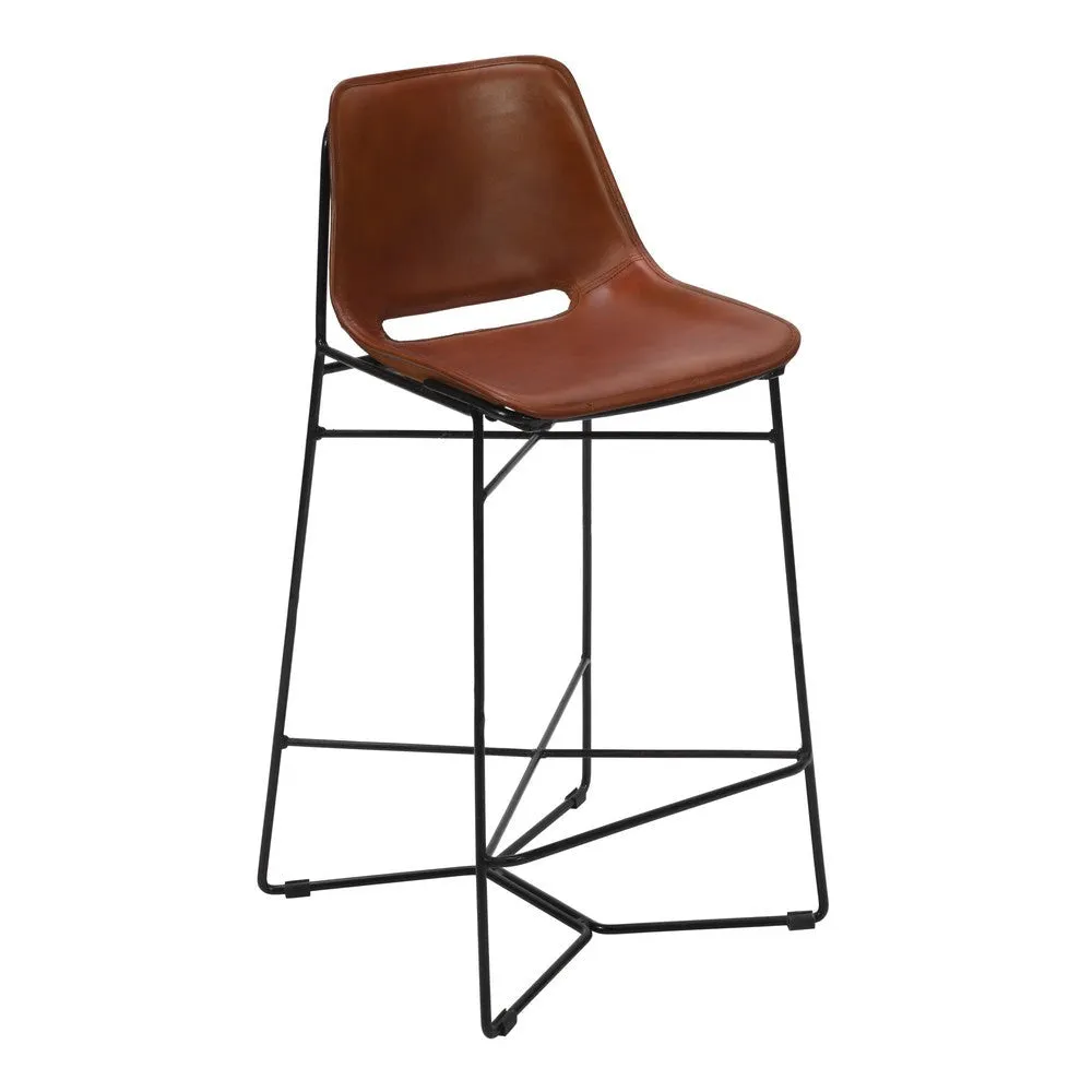 29 Inch Bar Height Chair, Curved Seat, Genuine Leather, Metal Frame, Tan Brown, Black By The Urban Port
