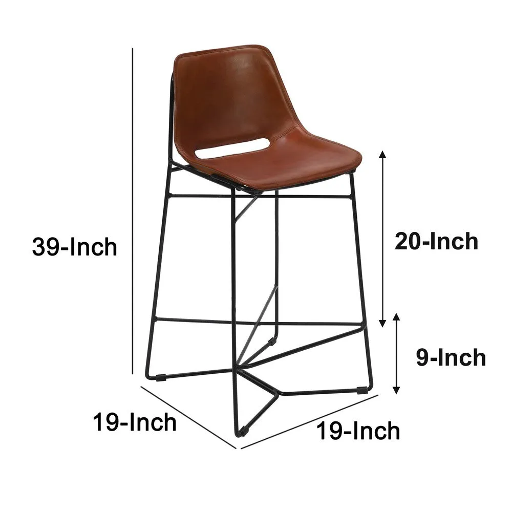 29 Inch Bar Height Chair, Curved Seat, Genuine Leather, Metal Frame, Tan Brown, Black By The Urban Port