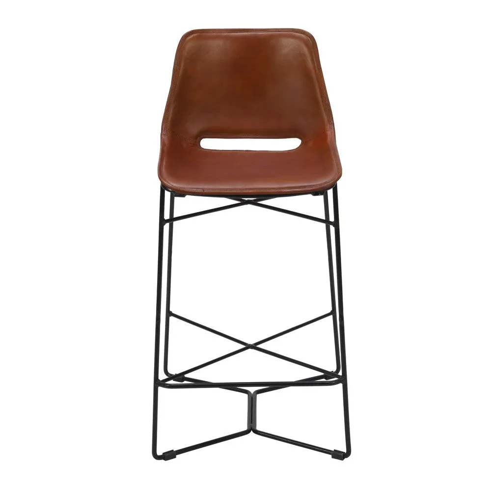 29 Inch Bar Height Chair, Curved Seat, Genuine Leather, Metal Frame, Tan Brown, Black By The Urban Port
