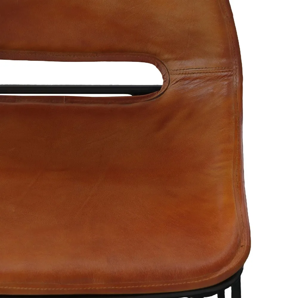 29 Inch Bar Height Chair, Curved Seat, Genuine Leather, Metal Frame, Tan Brown, Black By The Urban Port