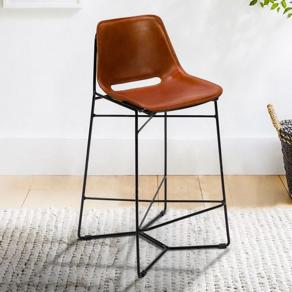 29 Inch Bar Height Chair, Curved Seat, Genuine Leather, Metal Frame, Tan Brown, Black By The Urban Port