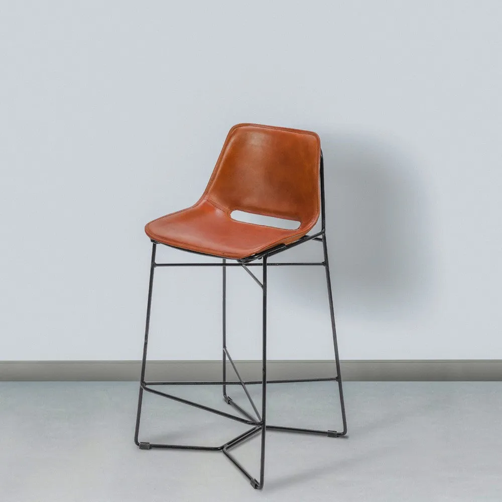 29 Inch Bar Height Chair, Curved Seat, Genuine Leather, Metal Frame, Tan Brown, Black By The Urban Port