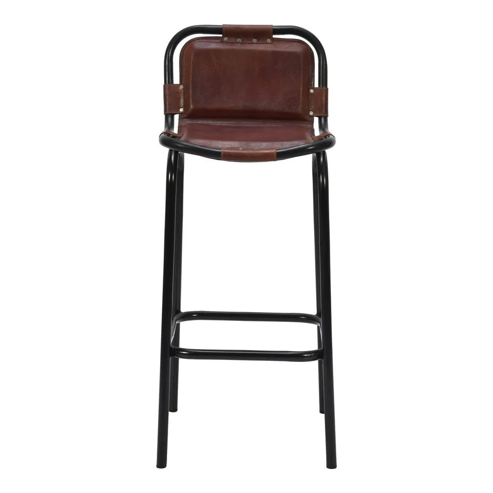 31 Inch Bar Height Chair, Genuine Leather Upholstery, Metal Frame, Brown, Black By The Urban Port