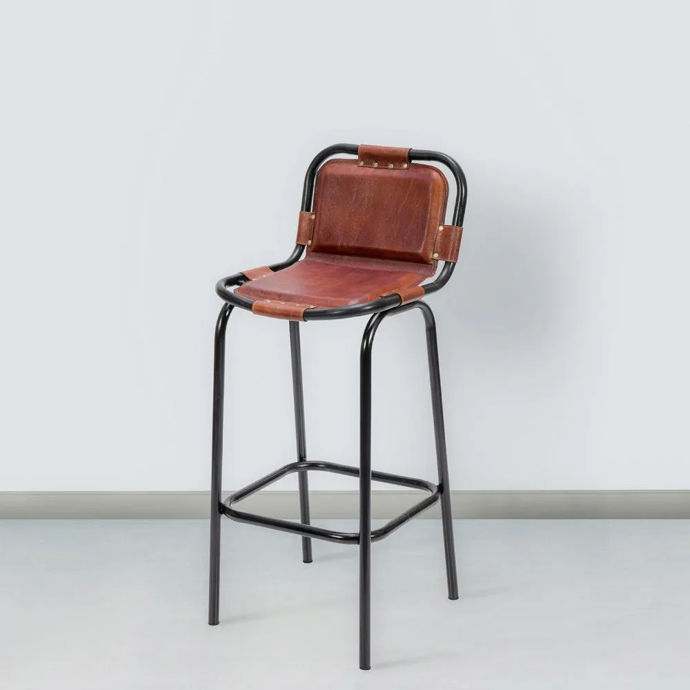 31 Inch Bar Height Chair, Genuine Leather Upholstery, Metal Frame, Brown, Black By The Urban Port