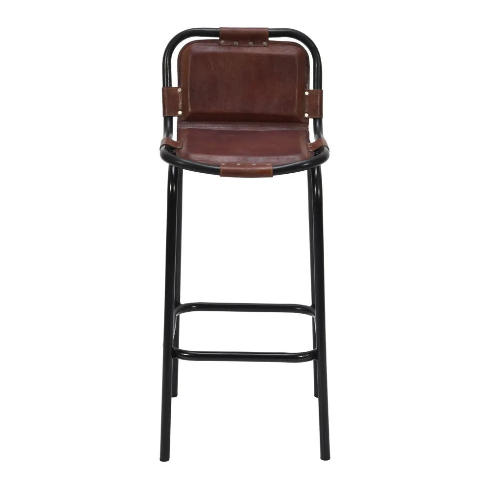 31 Inch Bar Height Chair, Genuine Leather Upholstery, Metal Frame, Brown, Black By The Urban Port