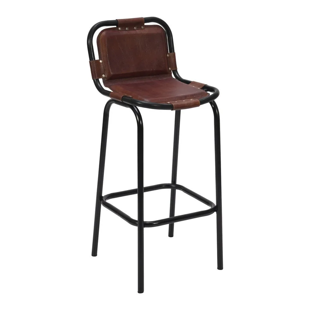 31 Inch Bar Height Chair, Genuine Leather Upholstery, Metal Frame, Brown, Black By The Urban Port