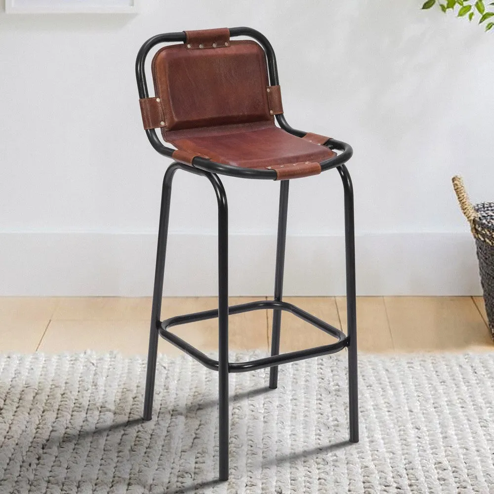 31 Inch Bar Height Chair, Genuine Leather Upholstery, Metal Frame, Brown, Black By The Urban Port