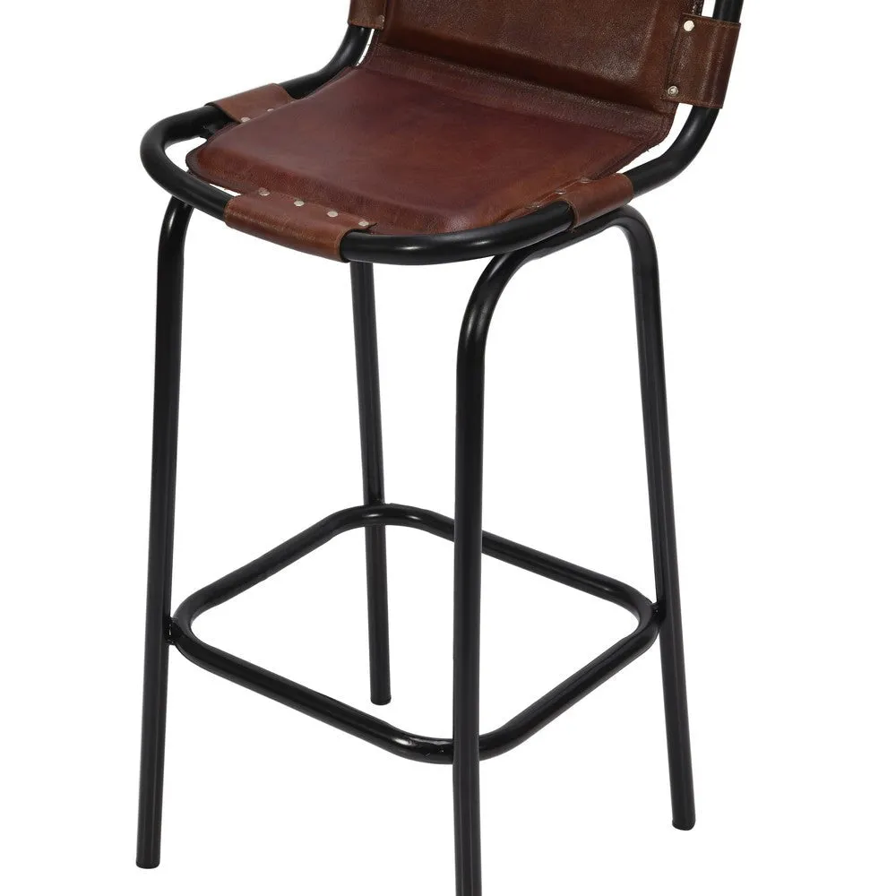 31 Inch Bar Height Chair, Genuine Leather Upholstery, Metal Frame, Brown, Black By The Urban Port