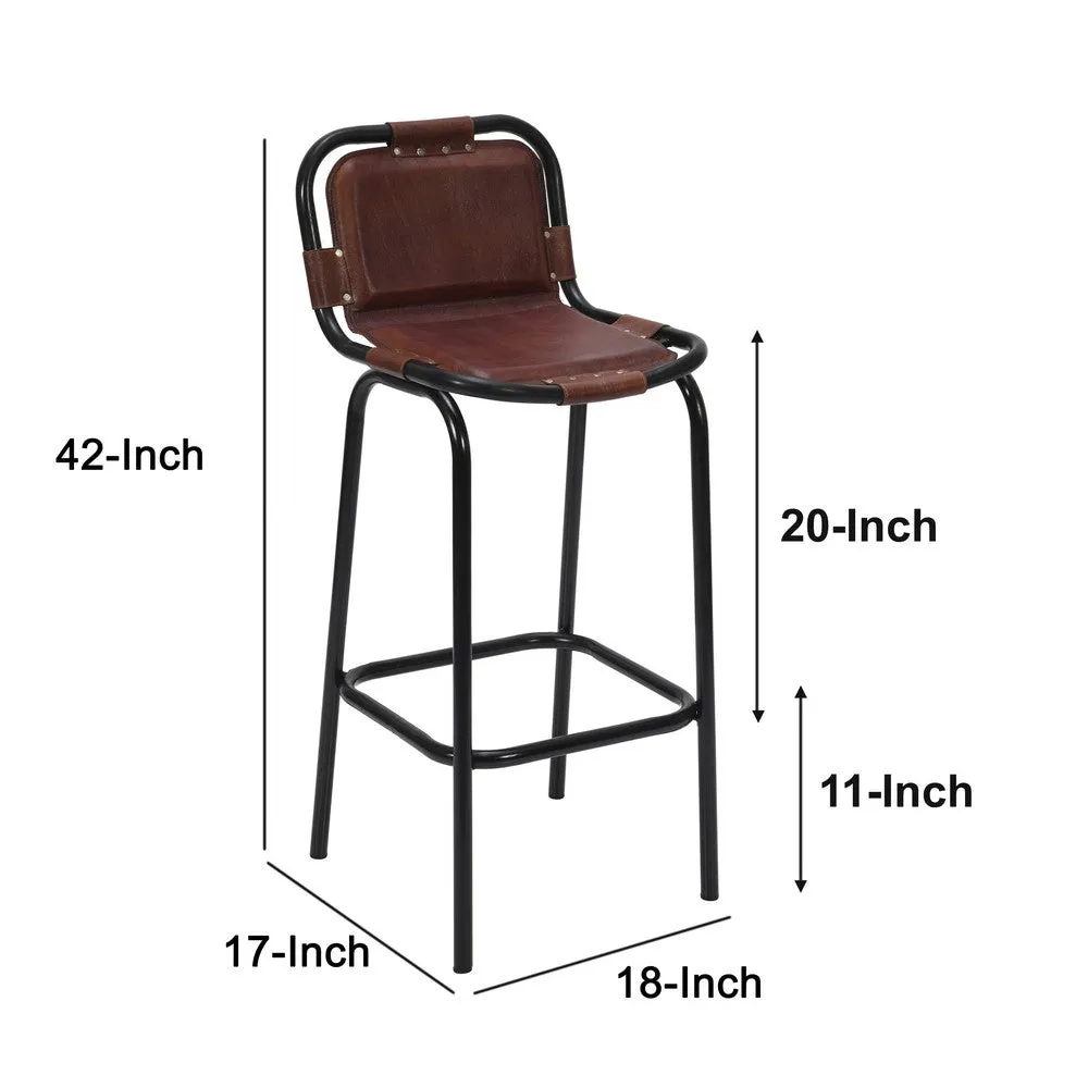 31 Inch Bar Height Chair, Genuine Leather Upholstery, Metal Frame, Brown, Black By The Urban Port