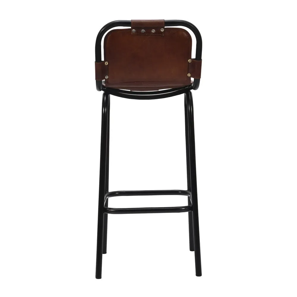 31 Inch Bar Height Chair, Genuine Leather Upholstery, Metal Frame, Brown, Black By The Urban Port