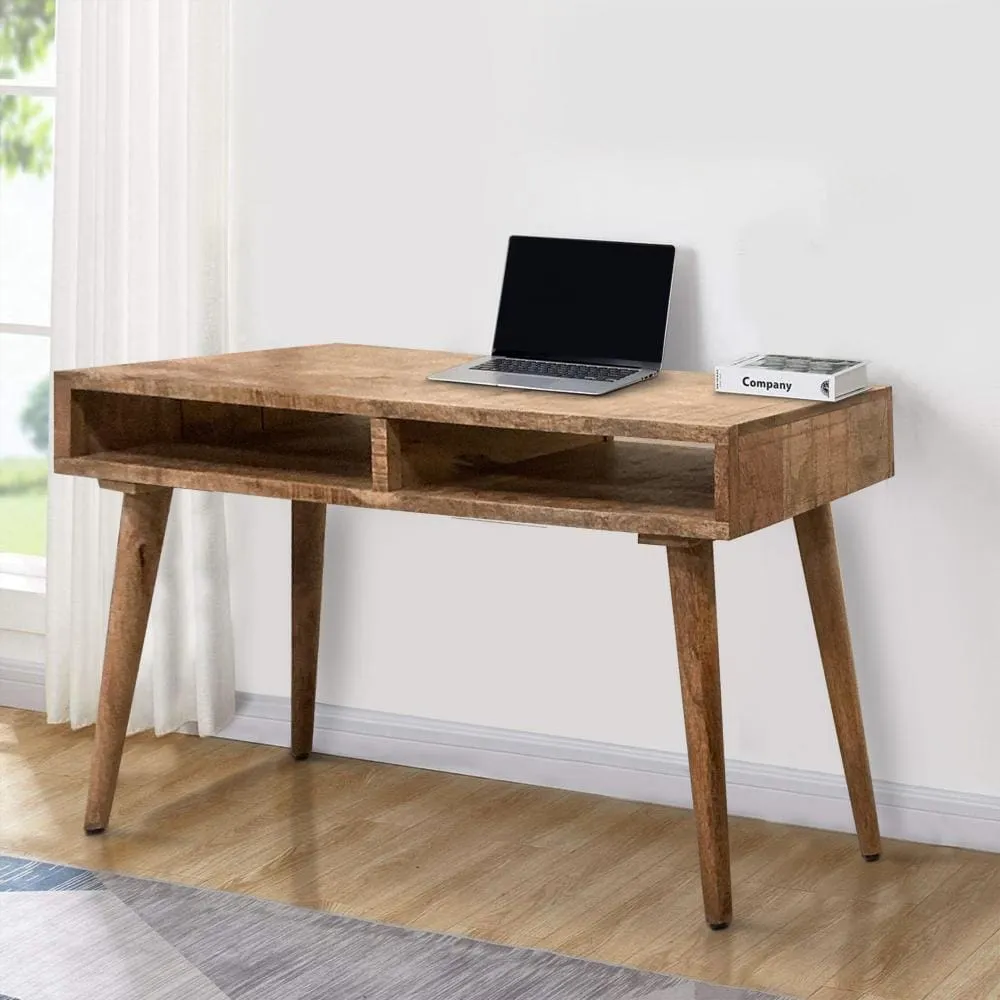 48 Inch Minimalist Mango Wood Desk, 2 Compartments, Splayed Legs, Weathered Oak Brown By The Urban Port