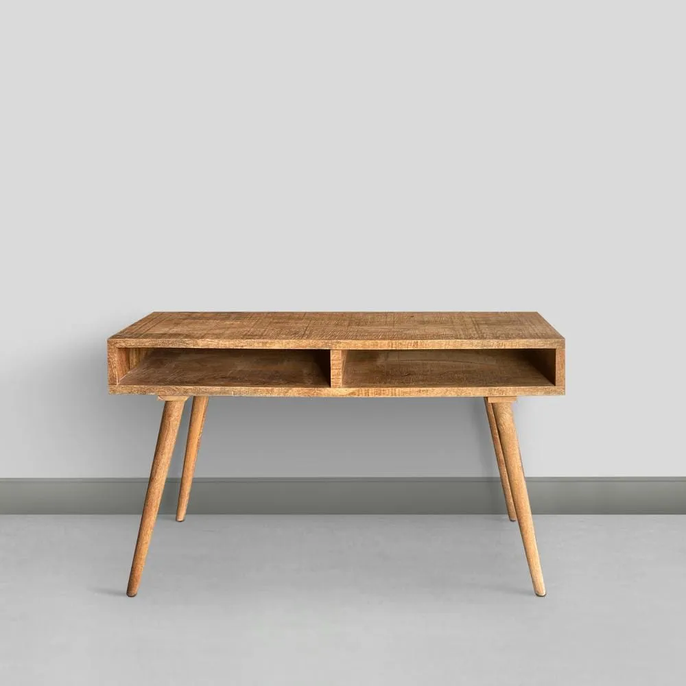 48 Inch Minimalist Mango Wood Desk, 2 Compartments, Splayed Legs, Weathered Oak Brown By The Urban Port