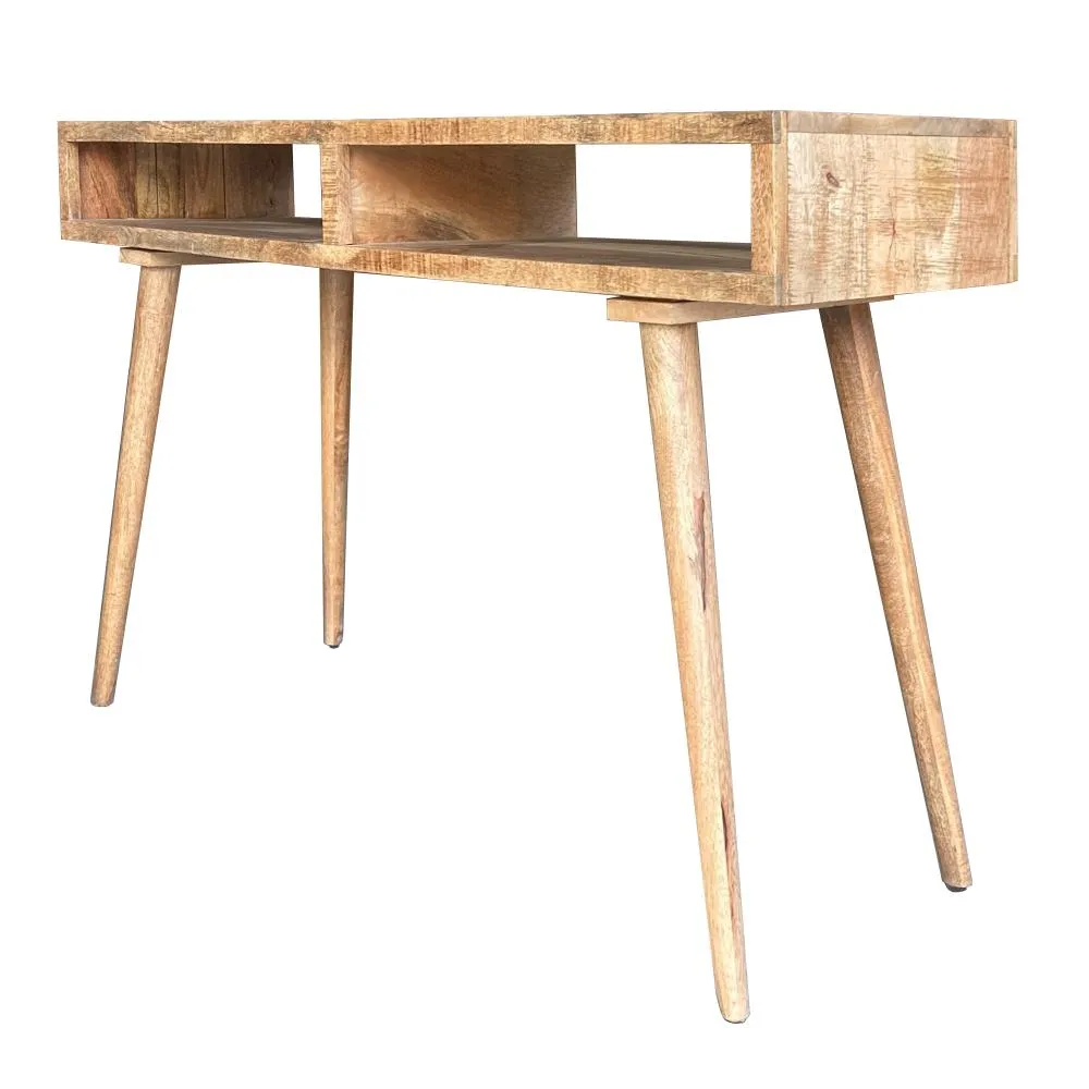 48 Inch Minimalist Mango Wood Desk, 2 Compartments, Splayed Legs, Weathered Oak Brown By The Urban Port