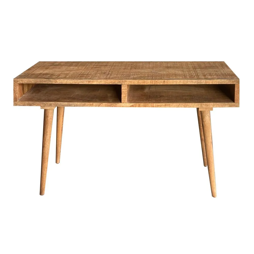 48 Inch Minimalist Mango Wood Desk, 2 Compartments, Splayed Legs, Weathered Oak Brown By The Urban Port