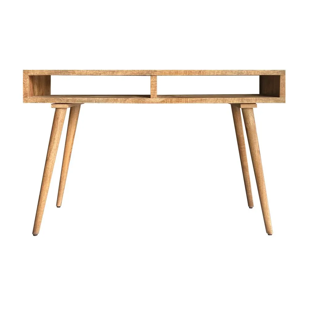 48 Inch Minimalist Mango Wood Desk, 2 Compartments, Splayed Legs, Weathered Oak Brown By The Urban Port