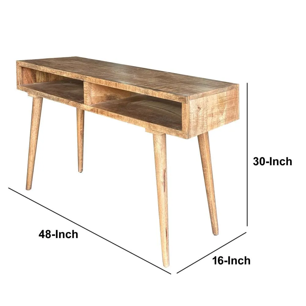 48 Inch Minimalist Mango Wood Desk, 2 Compartments, Splayed Legs, Weathered Oak Brown By The Urban Port