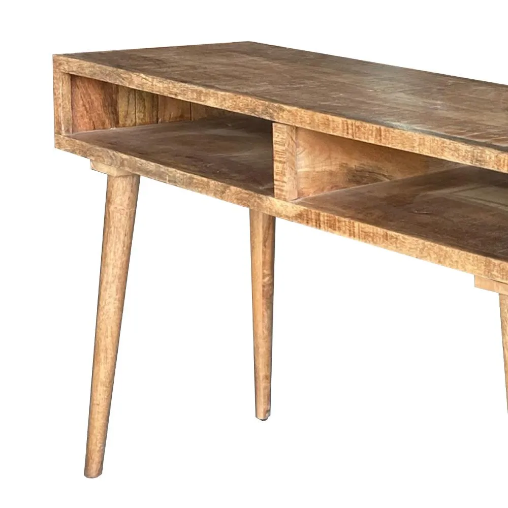 48 Inch Minimalist Mango Wood Desk, 2 Compartments, Splayed Legs, Weathered Oak Brown By The Urban Port