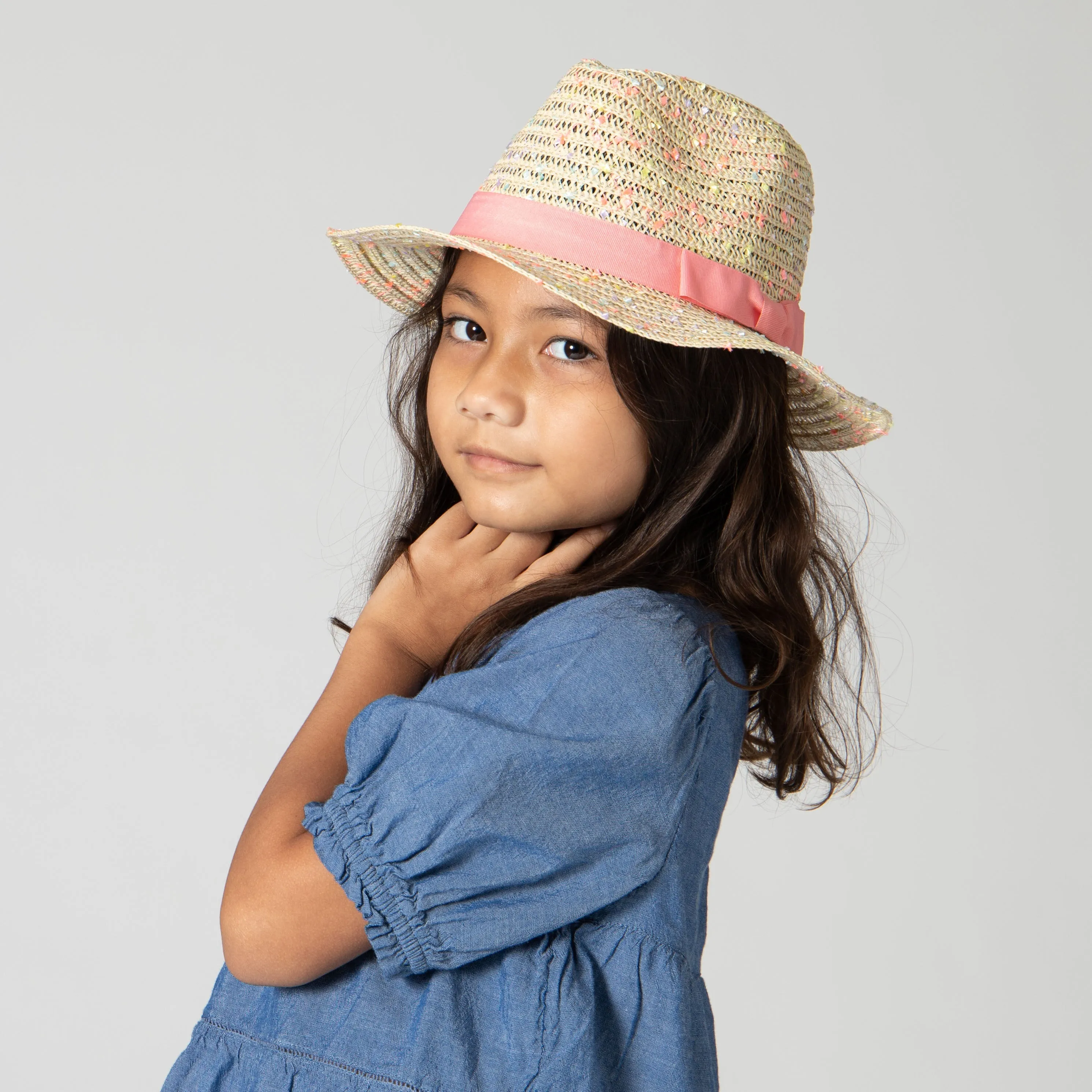 5-7 Yr Kid's Paperbraid Multi-color Fedora with Blush Band/Bow