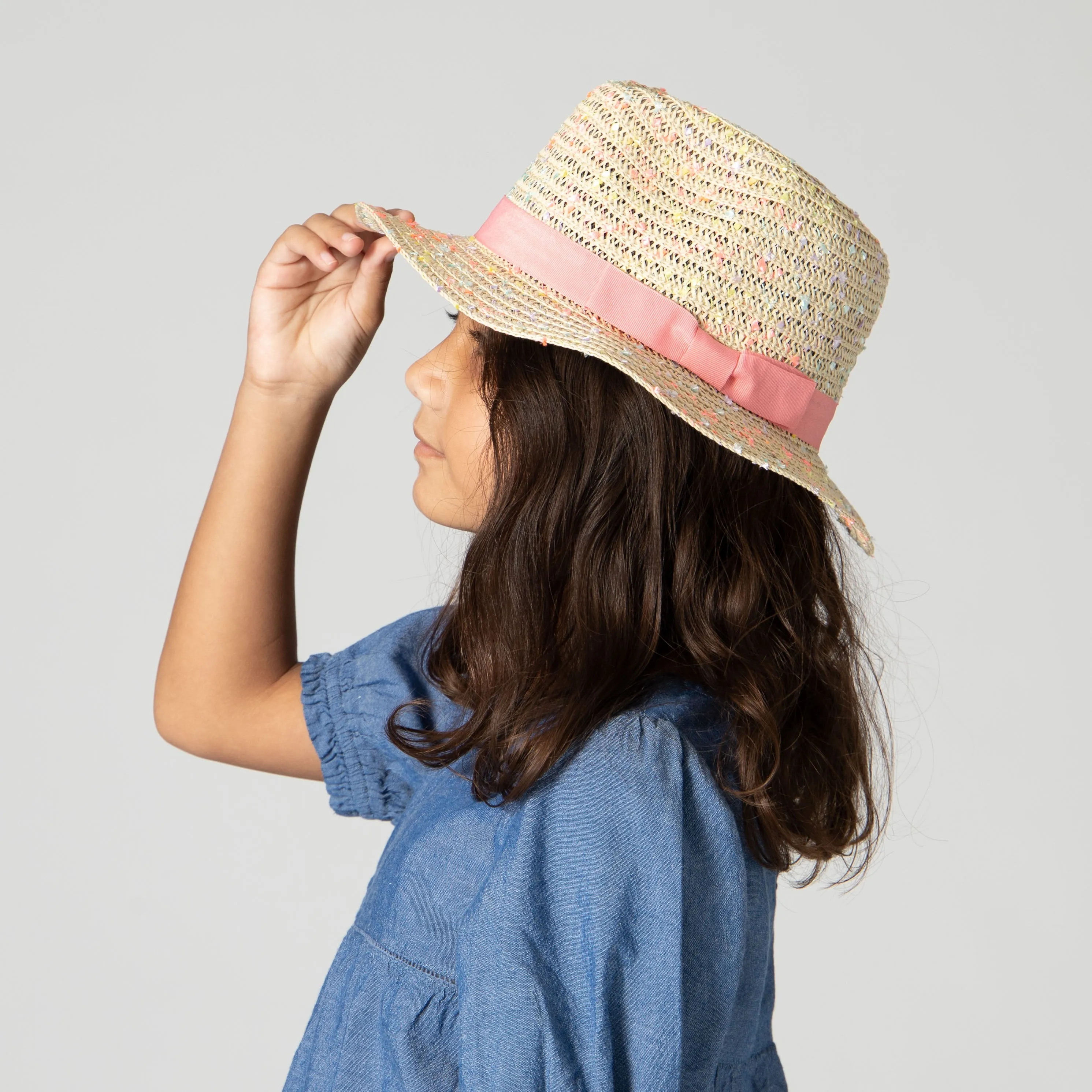 5-7 Yr Kid's Paperbraid Multi-color Fedora with Blush Band/Bow