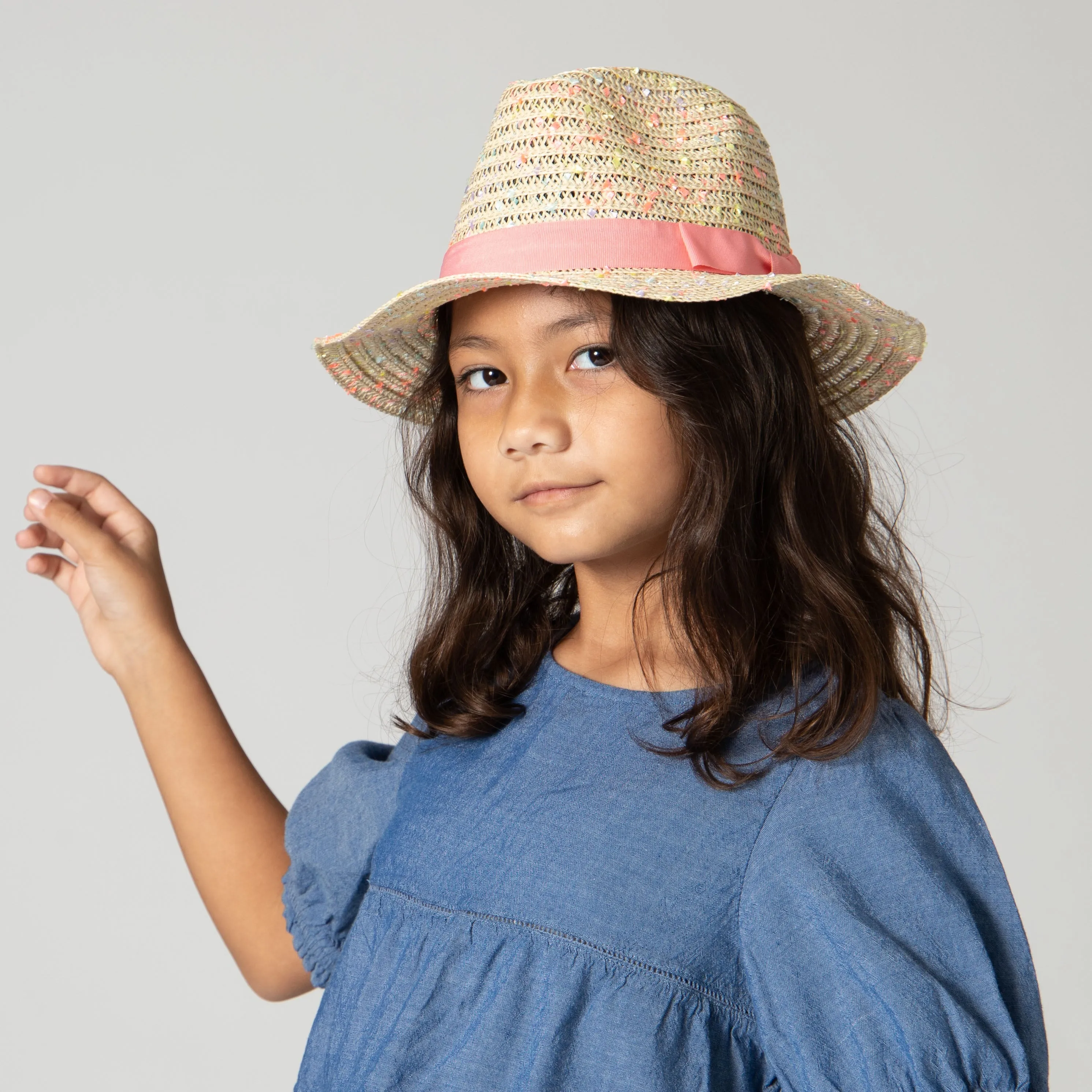 5-7 Yr Kid's Paperbraid Multi-color Fedora with Blush Band/Bow