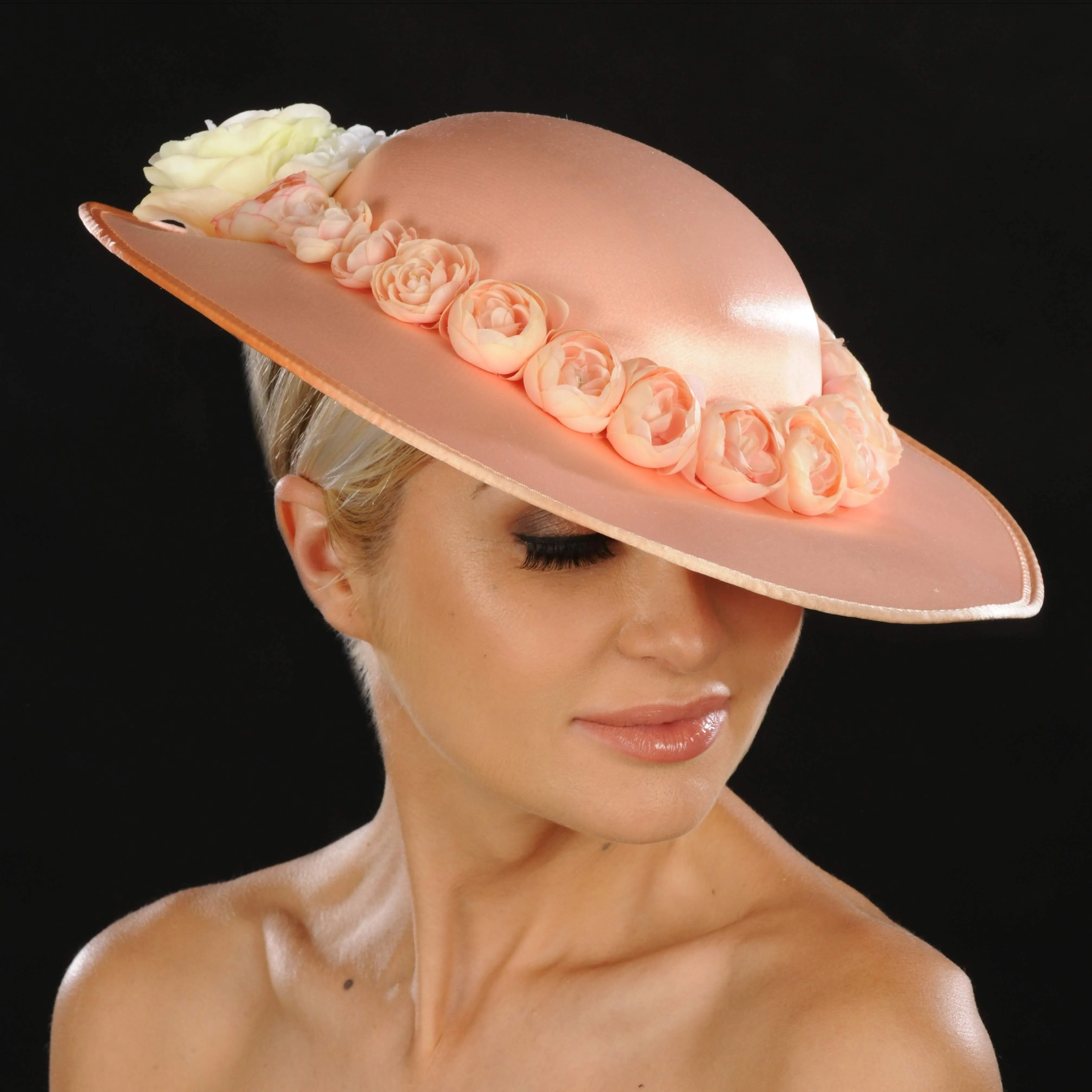 AC7034- Peach satin flower ladies dress hats